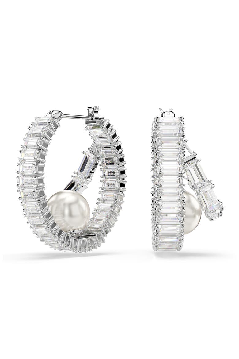 x Ariana Grande Crystal Pearl & Baguette Cut Crystal Double Hoop Earrings, Main, color, WHITE/ SILVER