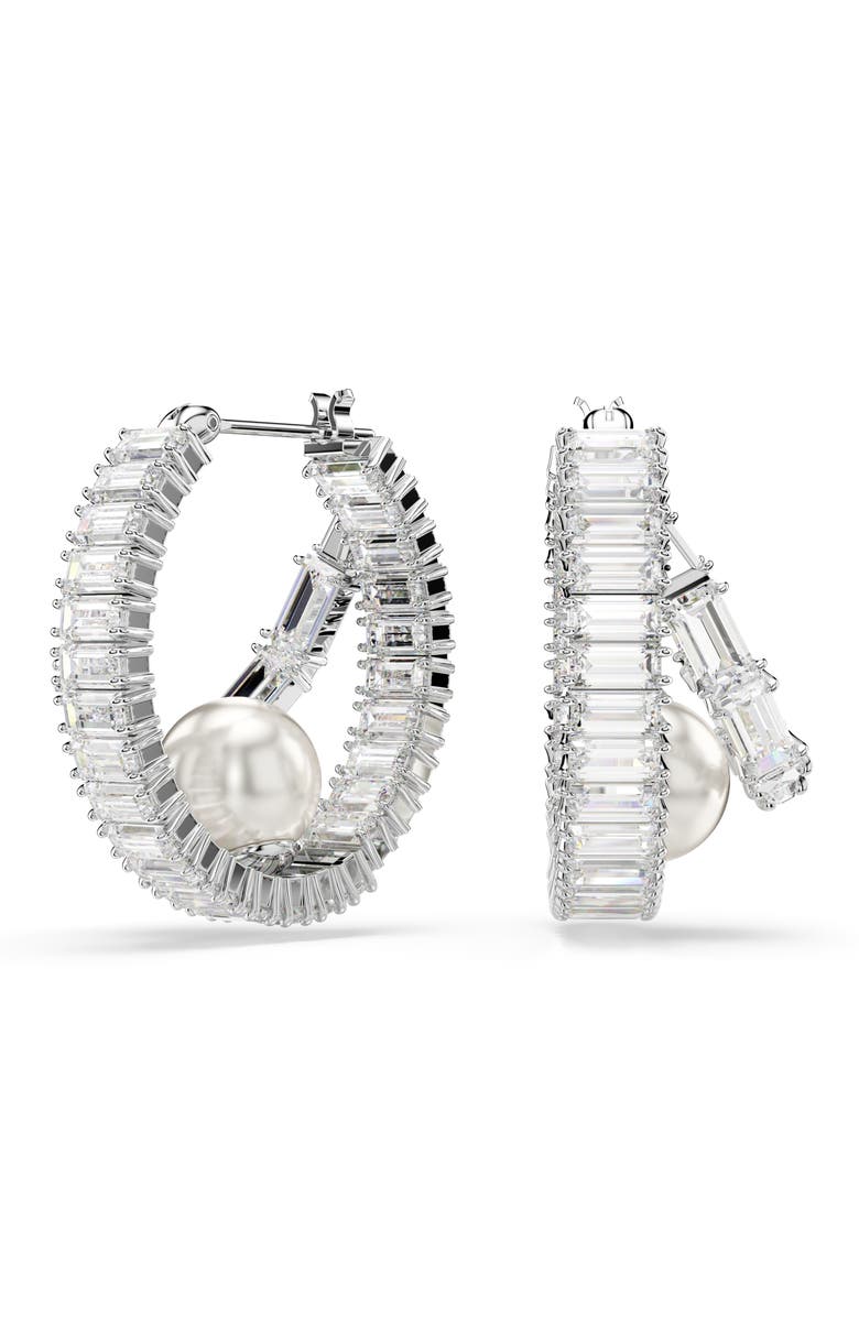 Swarovski x Ariana Grande Crystal Pearl & Baguette Cut Crystal Double Hoop Earrings, Main, color, 