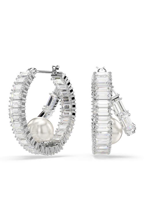Swarovski Ariana Grande Imitation Pearl & Crystal Baguette Small Hoop Earrings In White/silver