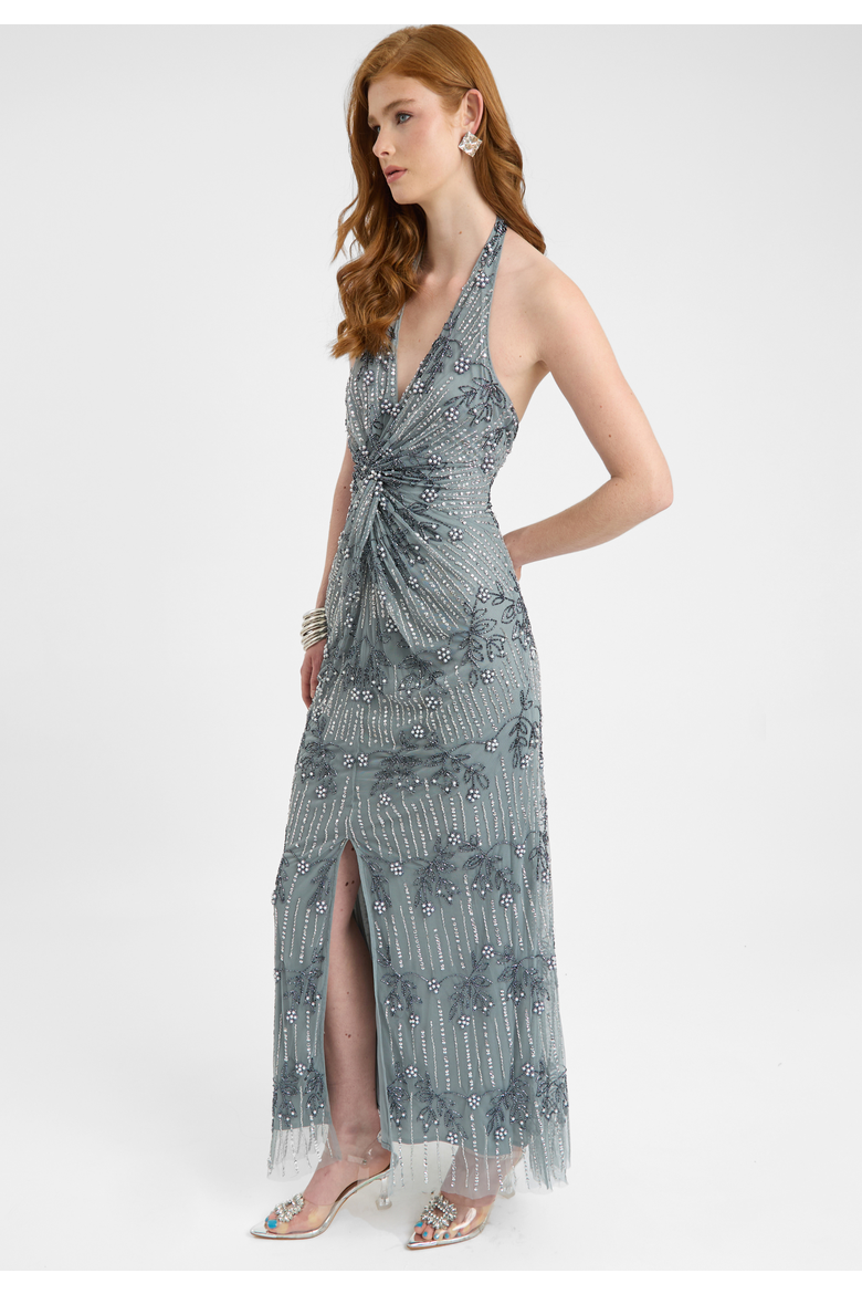 Embellished Sequin Beaded Maxi Dress With Knot Design, Alternate, color, MISTY GREY