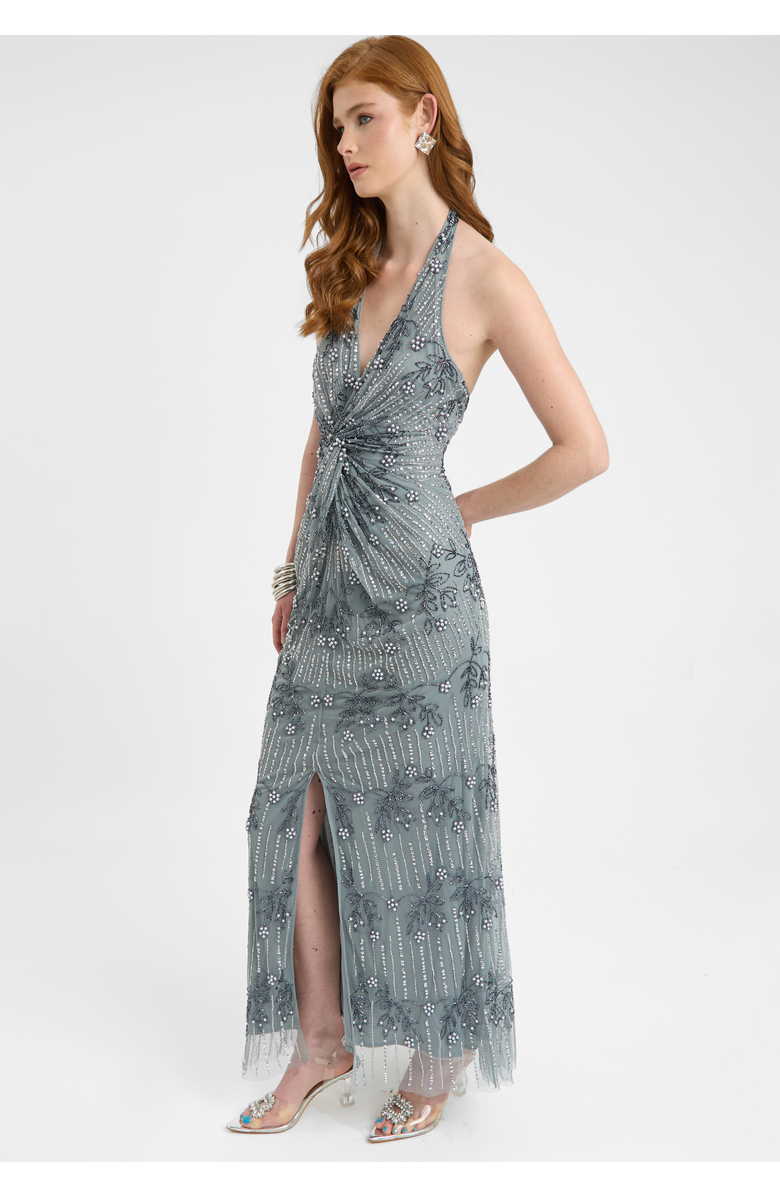 BEAUUT Embellished Sequin Beaded Maxi Dress With Knot Design, Alternate, color, Misty Grey