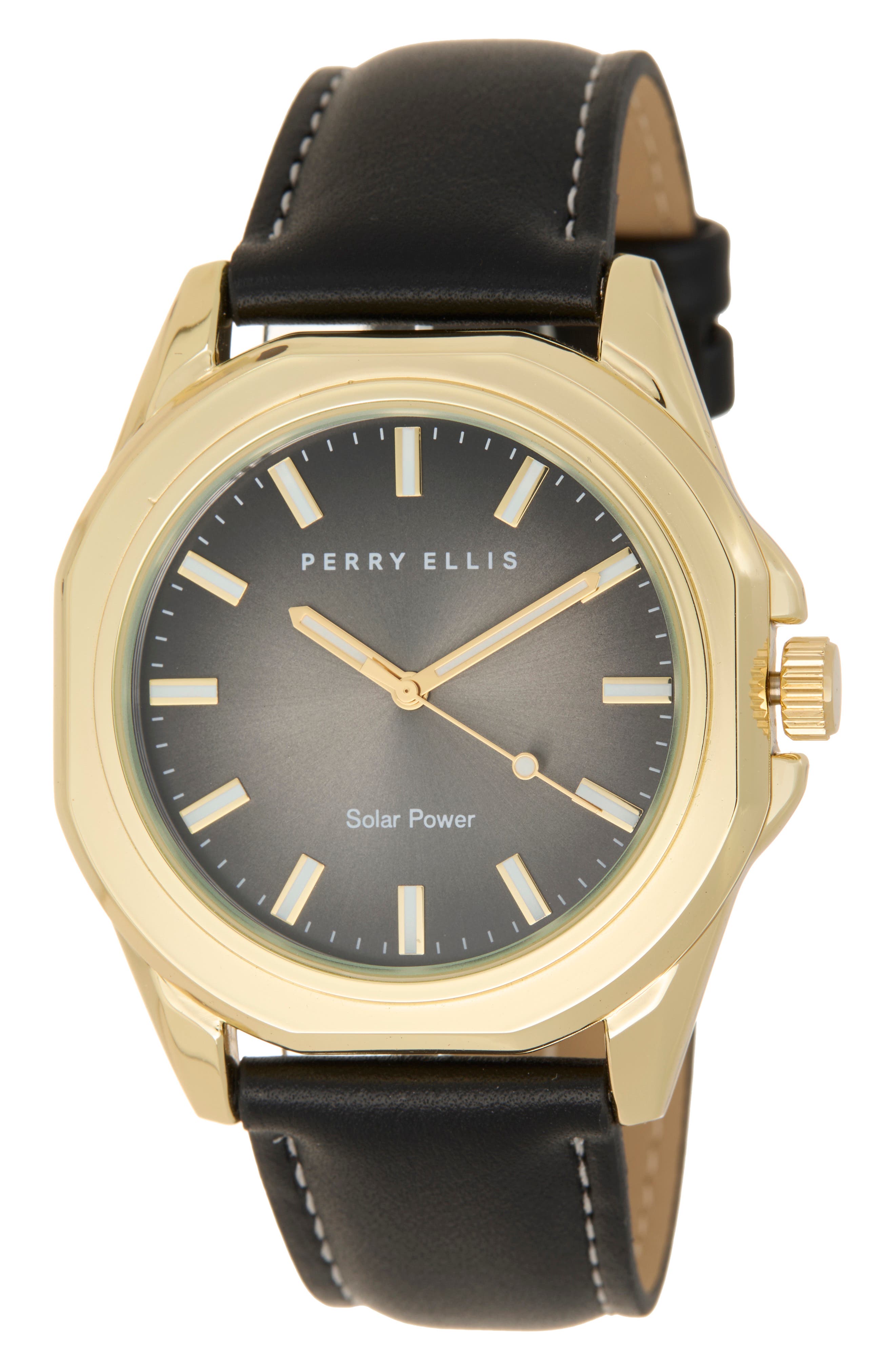 Perry Ellis Solar Faux Leather Strap Watch, 42mm