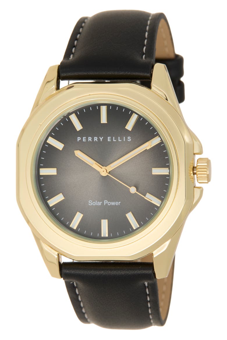 Solar Faux Leather Strap Watch, 42mm, Main, color, GOLD