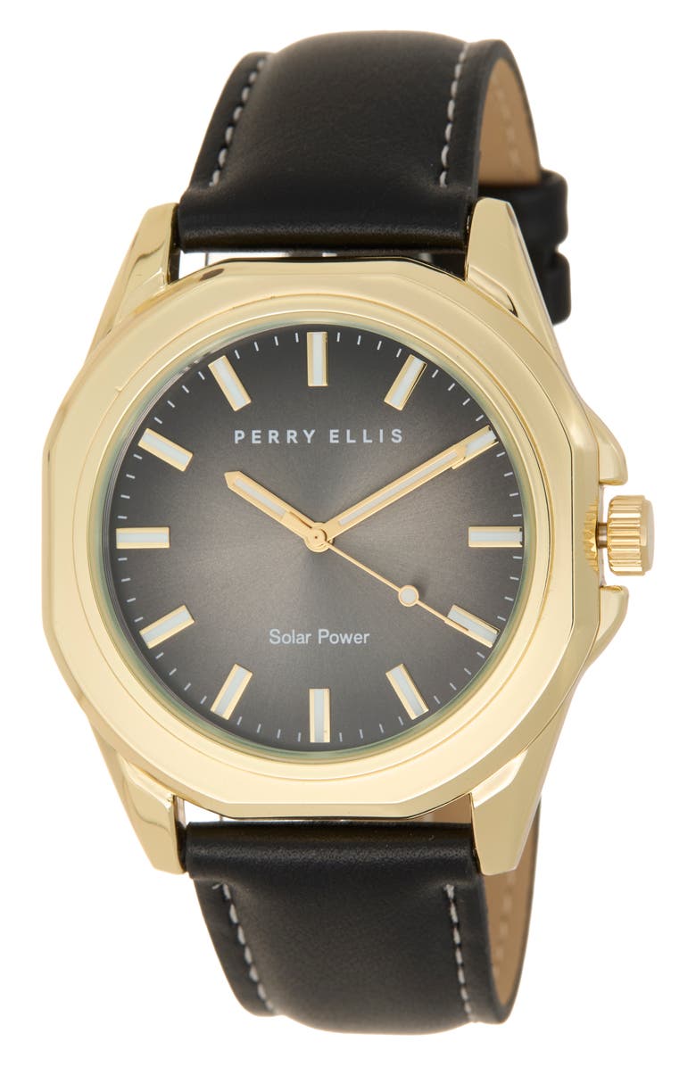 Perry Ellis Solar Faux Leather Strap Watch, 42mm, Main, color, Gold