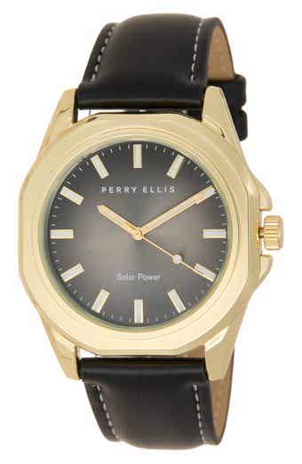 Perry Ellis Solar Faux Leather Strap Watch, 42mm