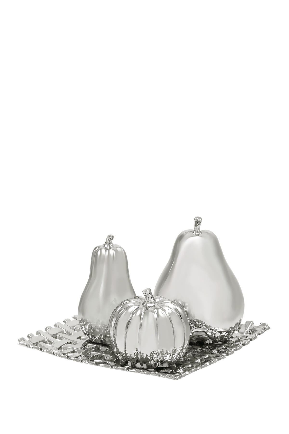 WILLOW ROW Silver Ceramic Decorative Fruit Sculpture with Plate - Set of 4