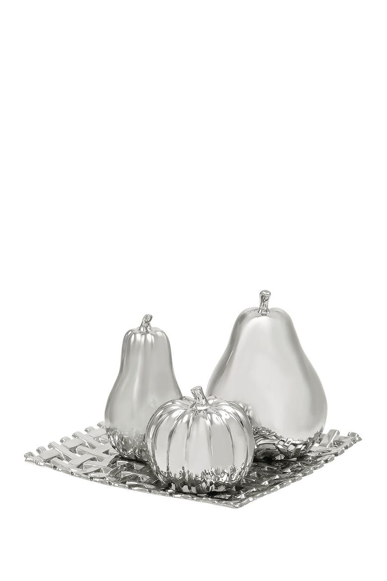 Silver Ceramic Decorative Fruit Sculpture with Plate - Set of 4, Main, color, SILVER