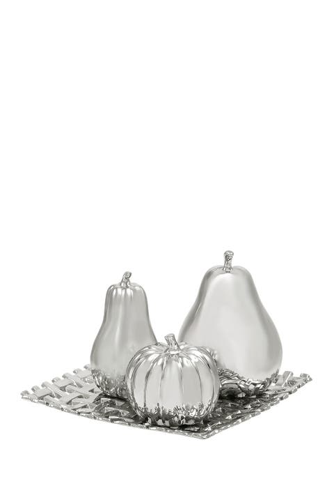 Silver Ceramic Decorative Fruit Sculpture with Plate - Set of 4