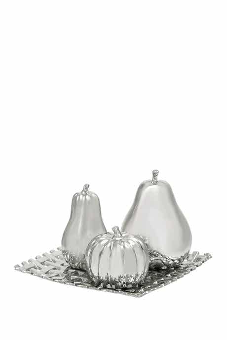 WILLOW ROW Silver Ceramic Decorative Fruit Sculpture with Plate - Set of 4