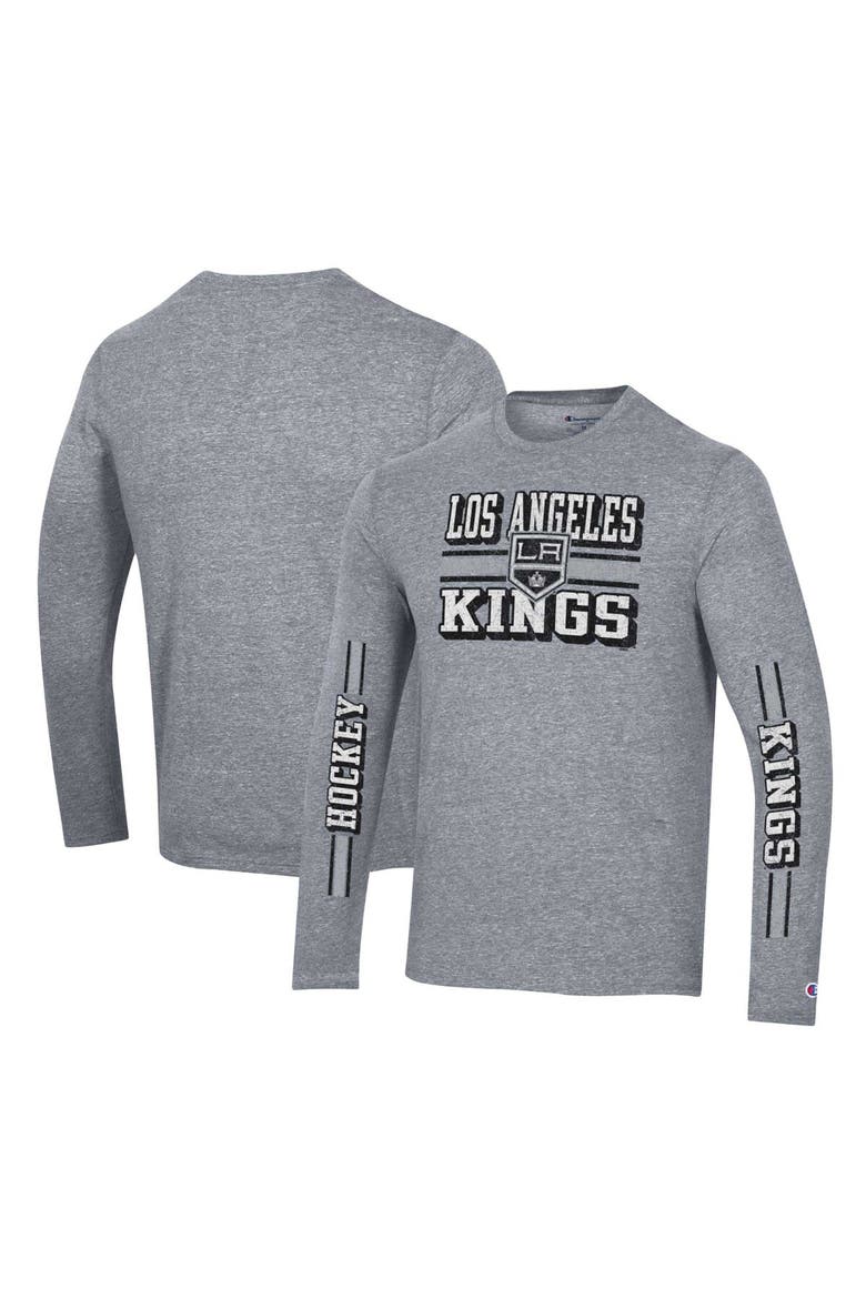 Men's Champion Heather Gray Los Angeles Kings Tri-Blend Dual-Stripe Long Sleeve T-Shirt, Main, color, Heather Gray