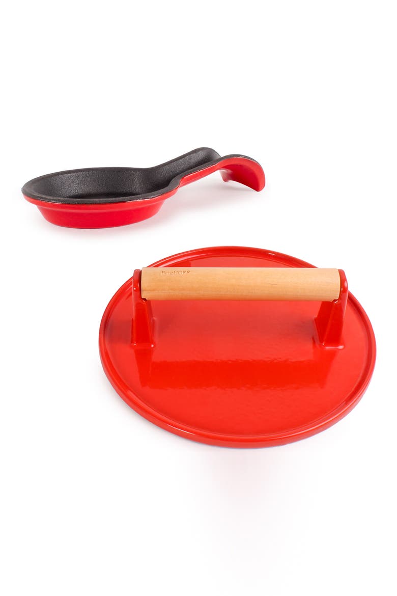 2-Piece Cast Iron Spoon Rest & Steak Press Set, Main, color, RED