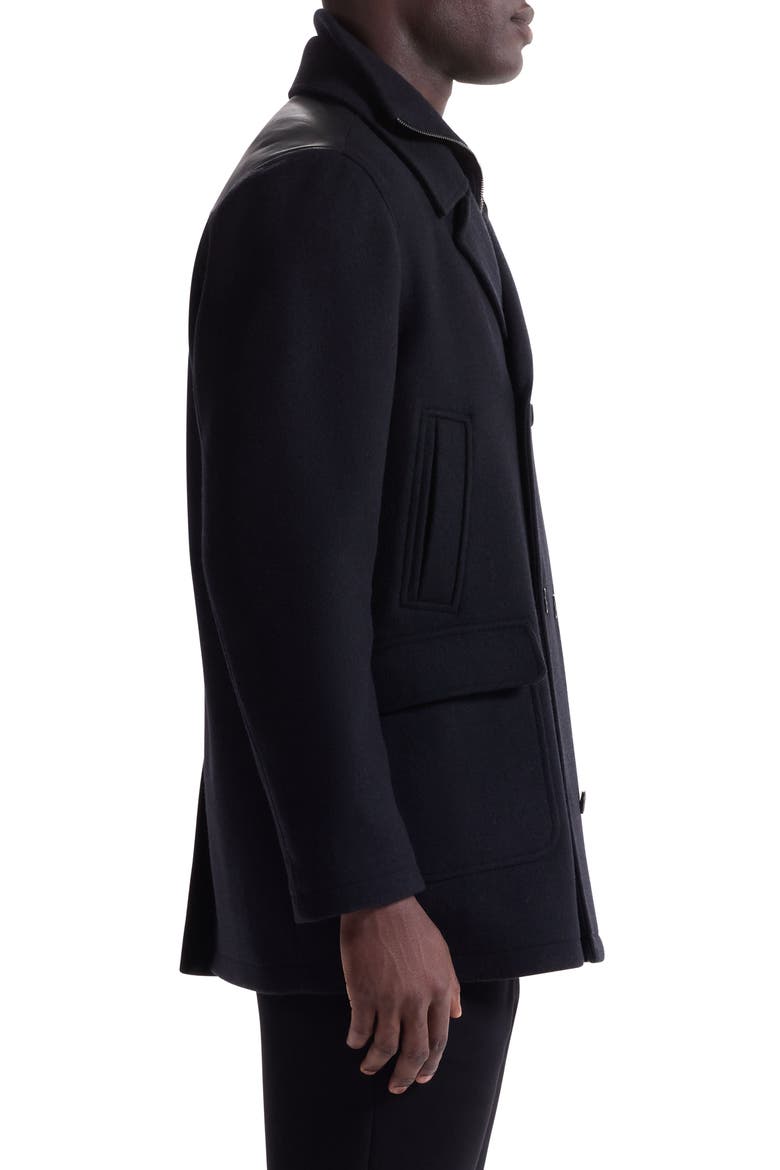 Leather Trim Wool Blend Tweed Peacoat, Alternate, color, BLACK
