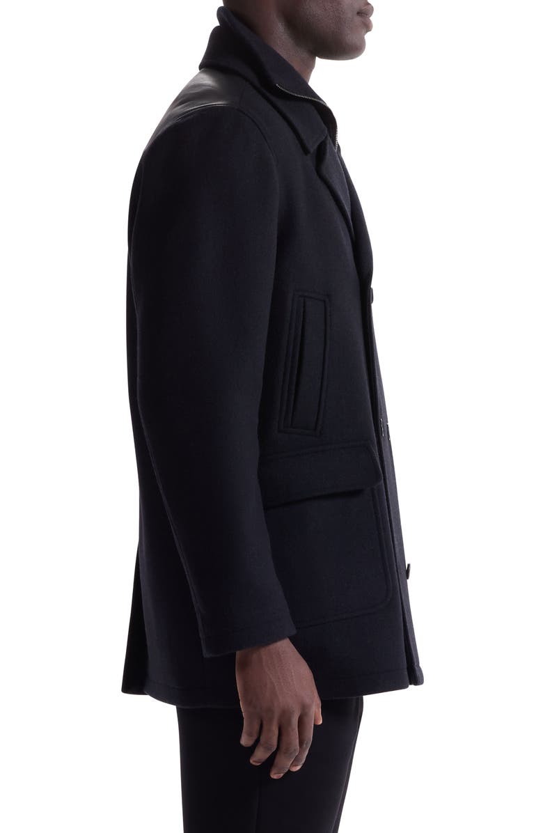 Bugatchi Leather Trim Wool Blend Tweed Peacoat, Alternate, color, Black