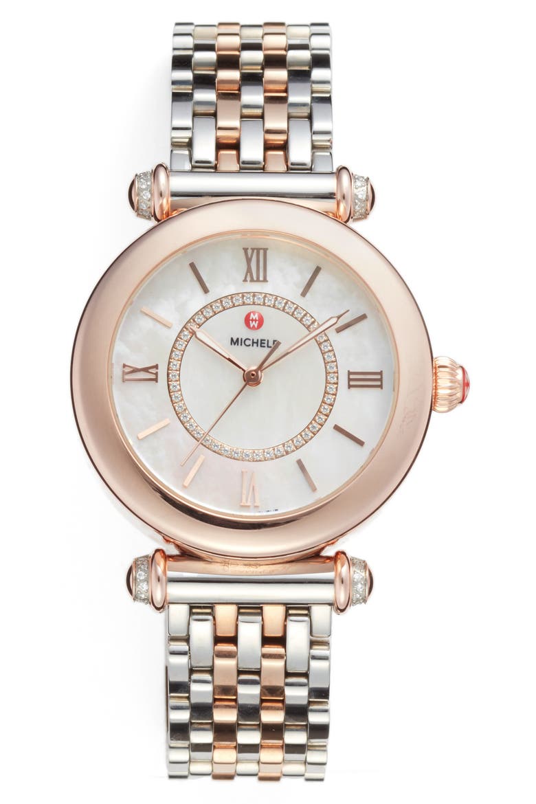 Caber Diamond Bracelet Watch, 35mm, Main, color, SILVER/ MOP/ ROSE GOLD