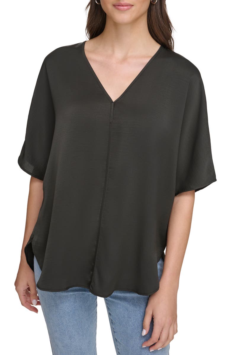 DKNY Short Sleeve Woven Top, Main, color, Black