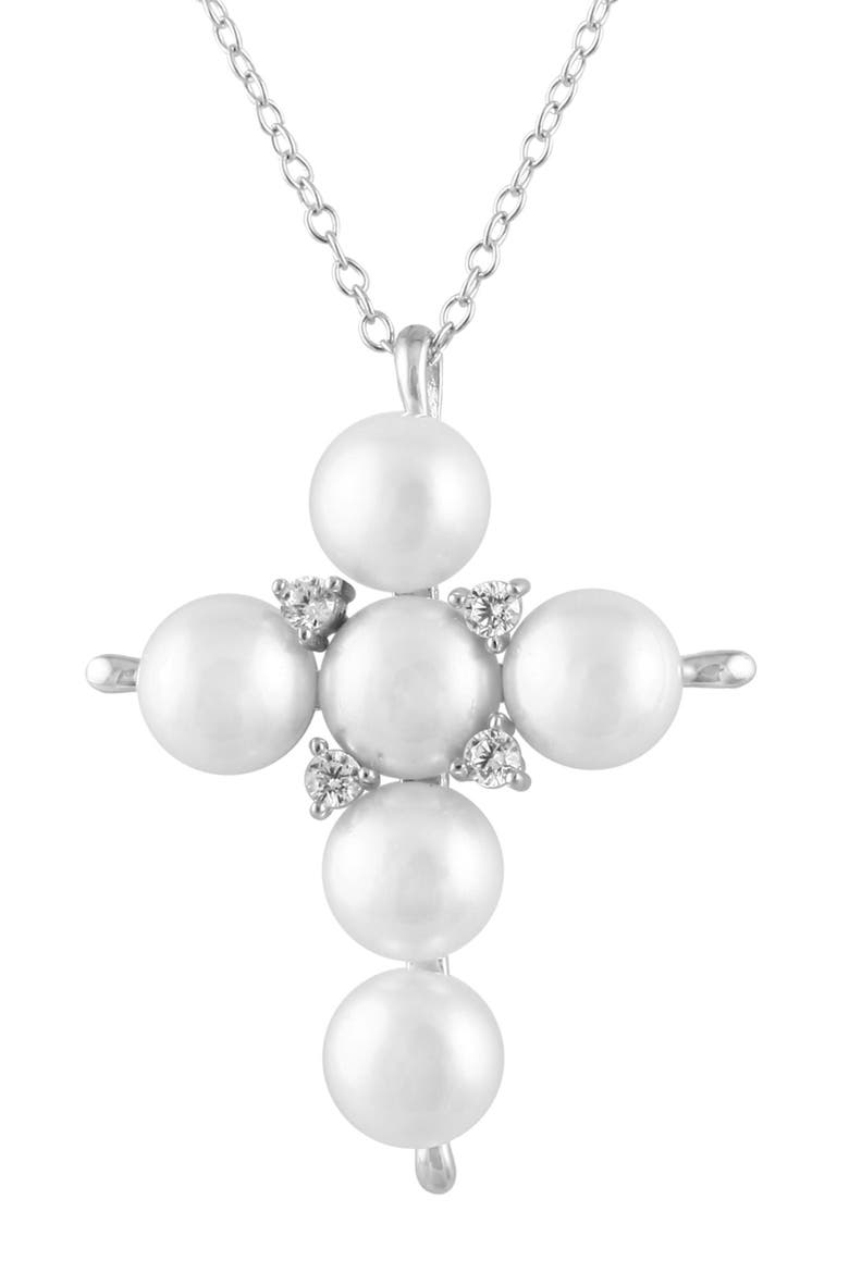 6-6.5mm Freshwater Pearl & CZ Cross Pendant Necklace, Main, color, NATURAL WHITE