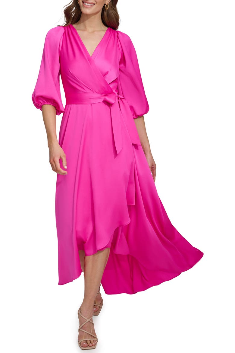 Balloon Sleeve Faux Wrap Maxi Dress, Alternate, color, POWER PINK