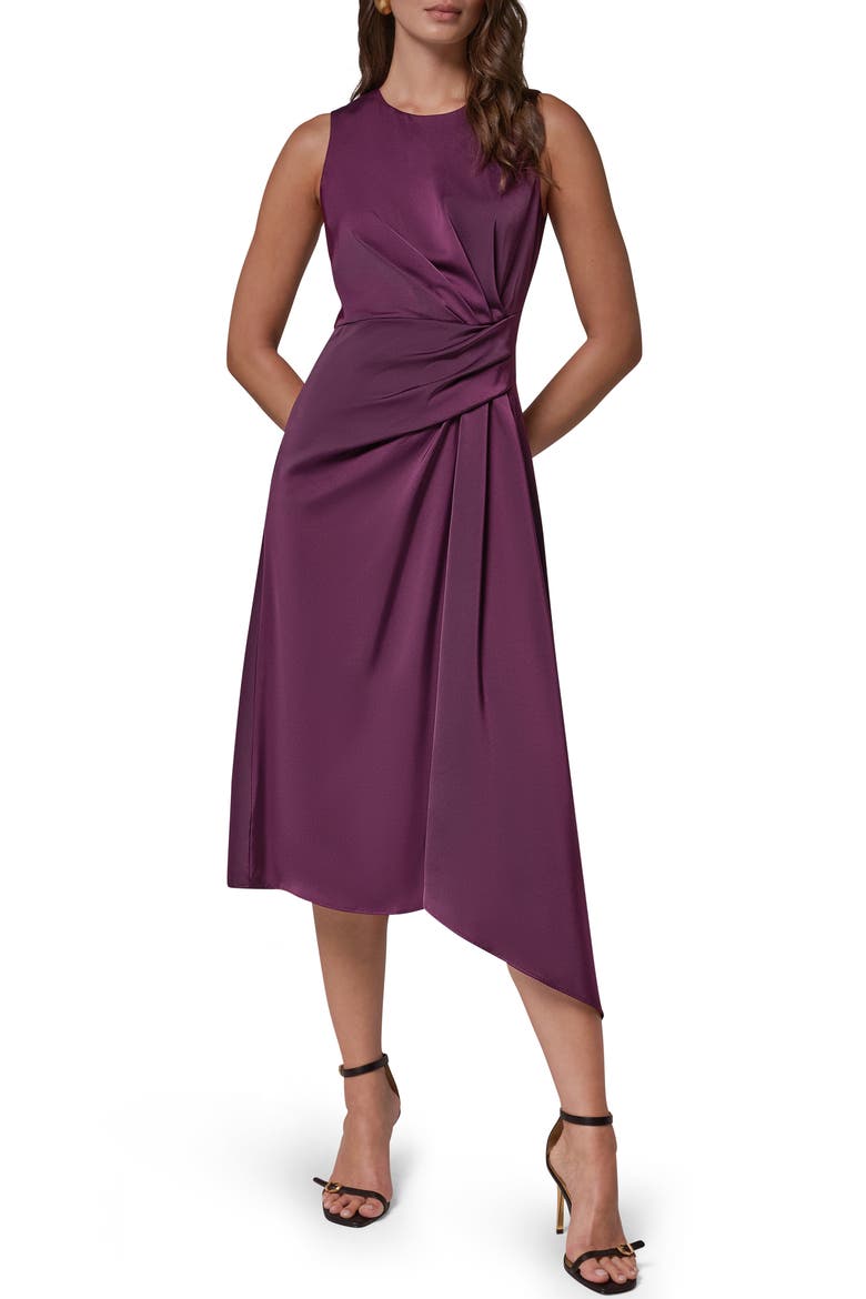 Side Draped Asymmetric Hem Stretch Satin Dress, Main, color, PRUNE