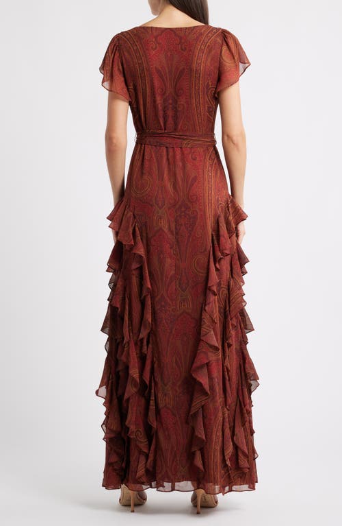 Ralph Lauren Lauren  Paisley Ruffle Trim Flutter Sleeve Gown In Brown