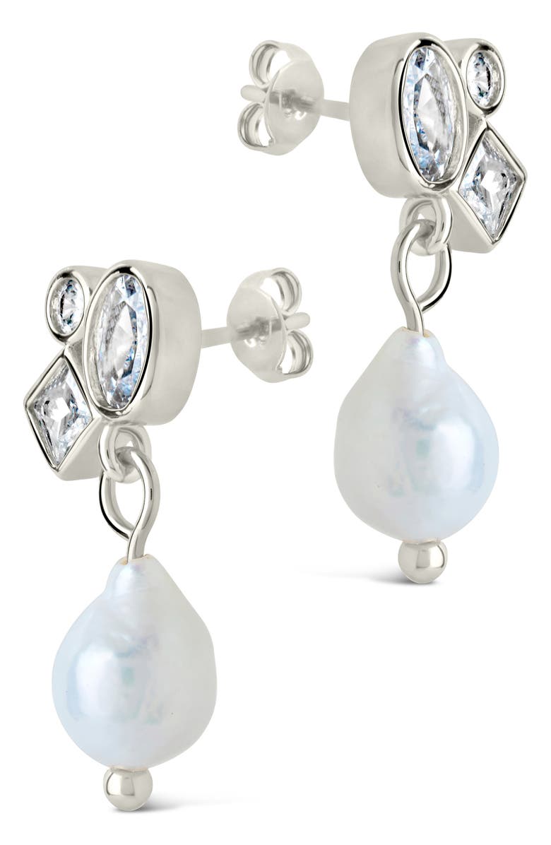 Sterling Forever Penny Cubic Zirconia Cluster & Freshwater Pearl Drop Earrings, Alternate, color, Silver