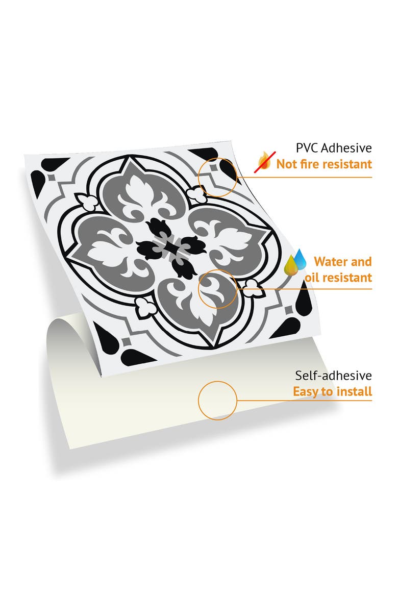 Seamless Antique Floral 72-Piece Tile Sticker Set, Alternate, color, BLACK/ GREY