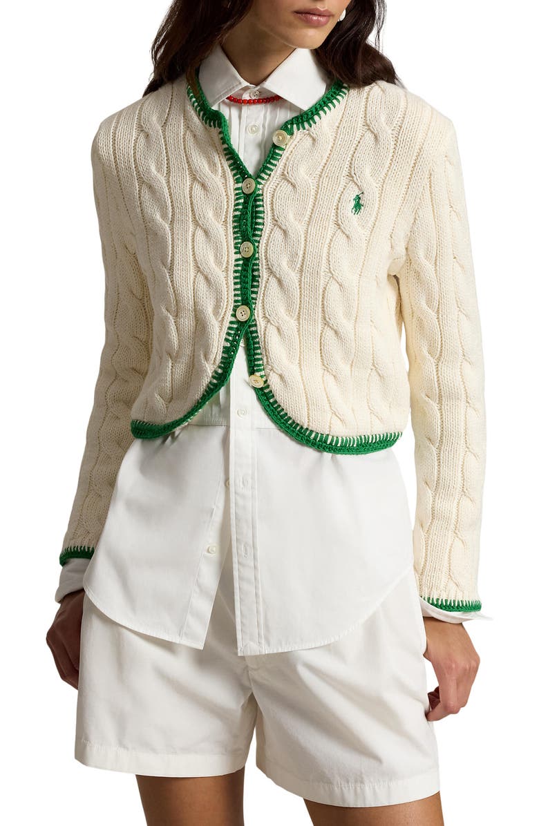 Polo Ralph Lauren Whipstitch Trim Cable Stitch Cardigan, Main, color, Cricket Cream
