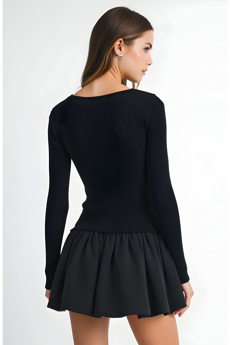 Knit and Woven Fit-and-Flare Mini Dress with Ribbed Long Sleeve Top, Alternate, color, Black