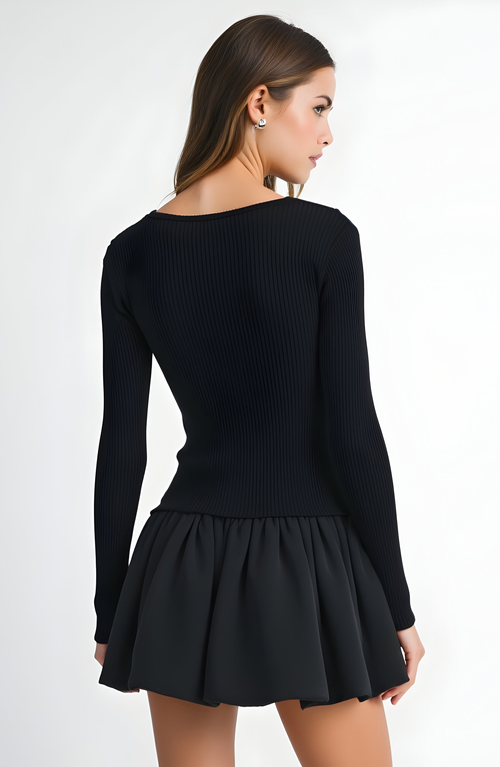 Modenaire Knit And Woven Fit-and-flare Mini Dress With Ribbed Long Sleeve Top In Black