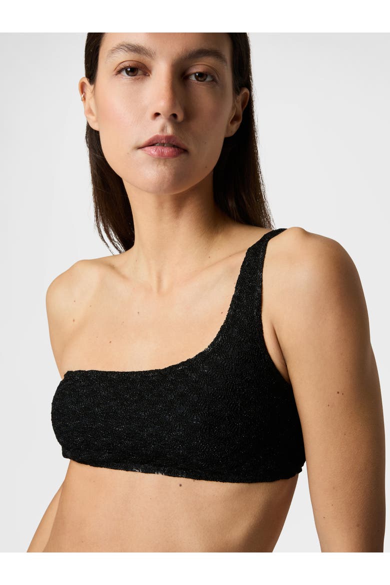 One-shoulder Bikini In Lamé Viscose With Raschel Workmanship, Alternate, color, Black