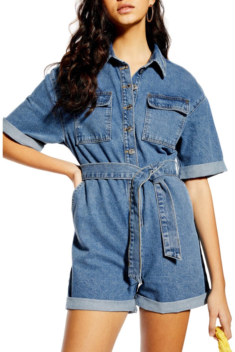 Denim Button-Down Romper, Alternate, color, MID DENIM