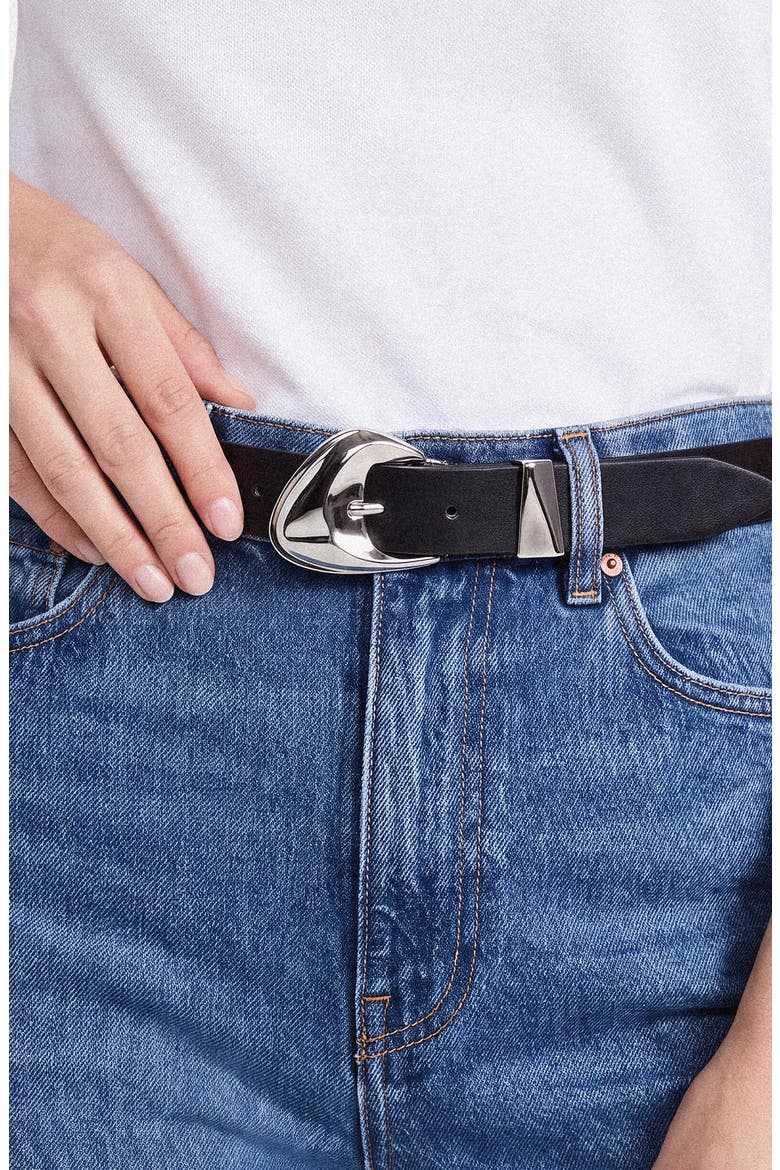 Bold Metal Buckle Leather Belt, Alternate, color, BLACK AND SILVER