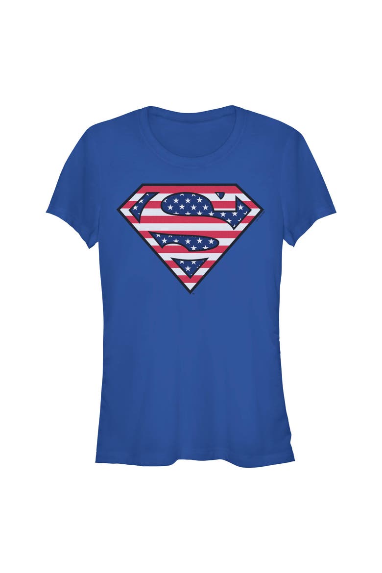 Juniors Superman Patriotic Logo T Shirt, Main, color, Royal Blue