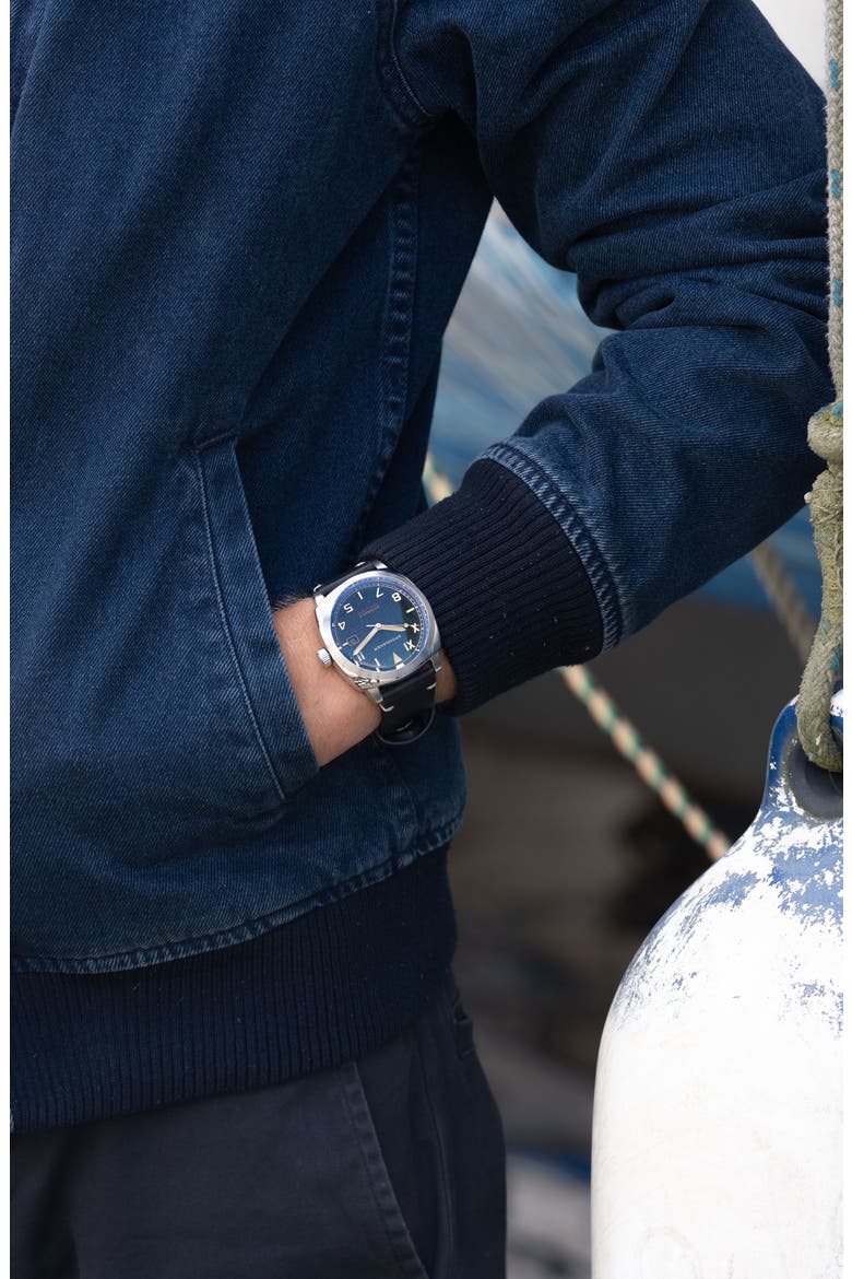 Hull California Automatic Leather Strap Watch, 42mm, Alternate, color, BLUE