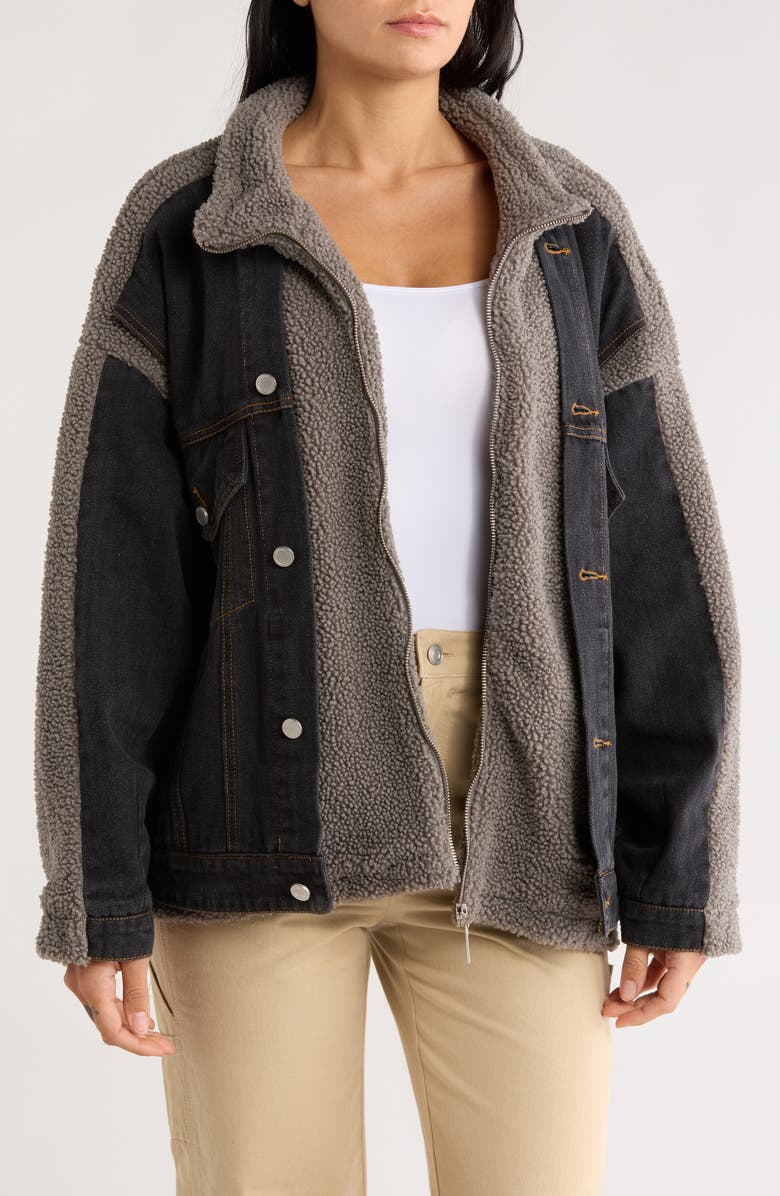 BLANKNYC High Pile Fleece Trim Denim Jacket, Main, color, Double Down