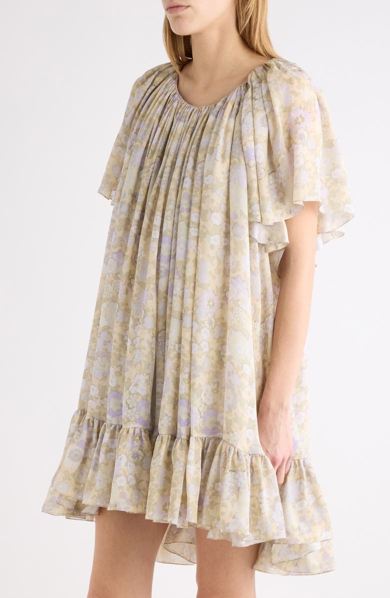 Chloé Painted Flowers Gathered Silk Charmeuse Dress, Alternate, color, Multicolor Purple 1