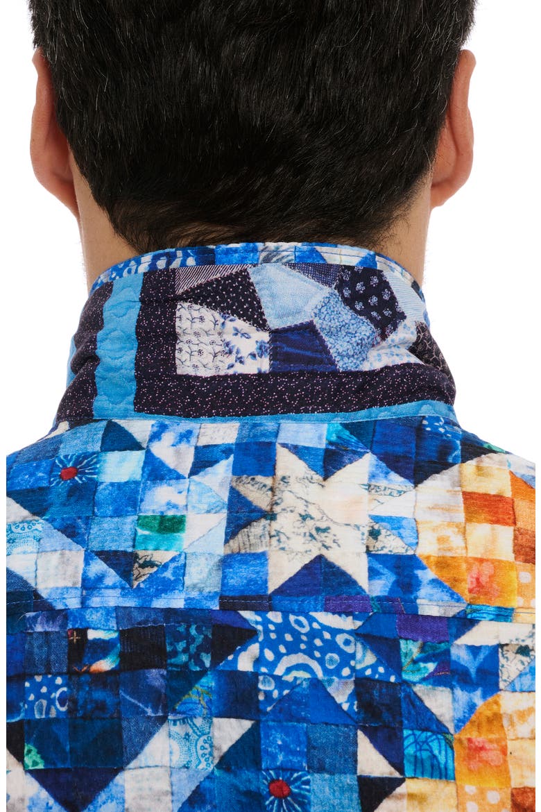 Sashiko Geometric Print Stretch Cotton Camp Shirt, Alternate, color, BLUE MULTI