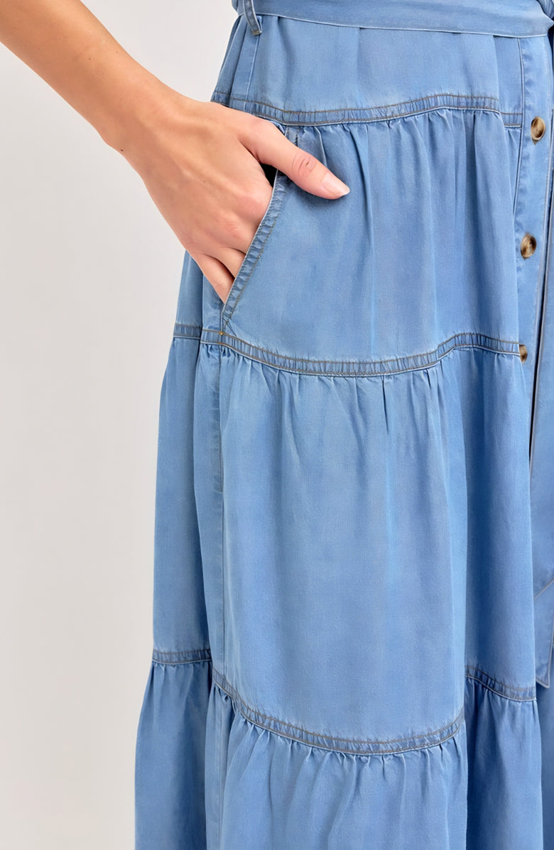 Knit and Lounge Short Sleeve Tiered Button Front Collared Midi Dress, Alternate, color, Chambray Blue