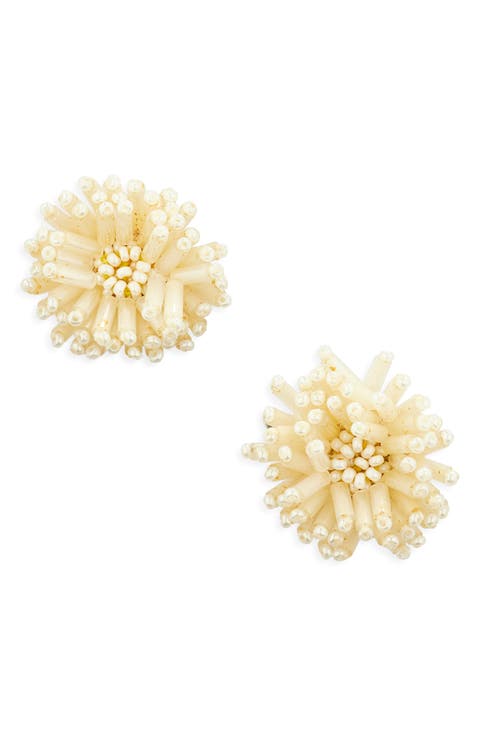 Beaded Pompom Flower Earrings