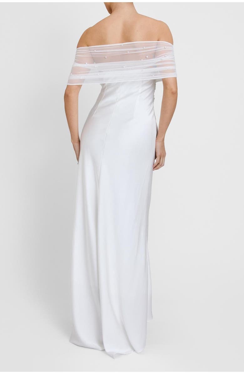 Six Stories Bardot Detail Beaded Satin Midaxi Dress, Alternate, color, White