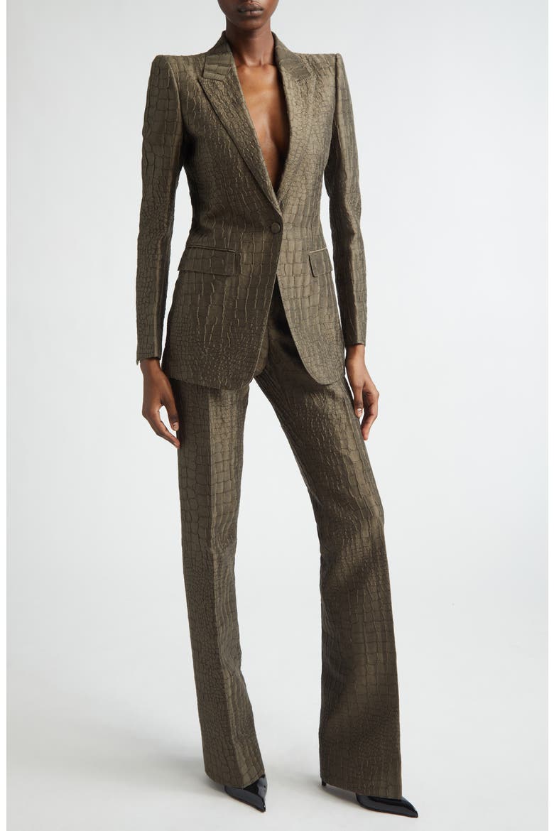 Crocodile Jacquard Linen & Silk Blend Straight Leg Pants, Alternate, color, OLIVE GREEN