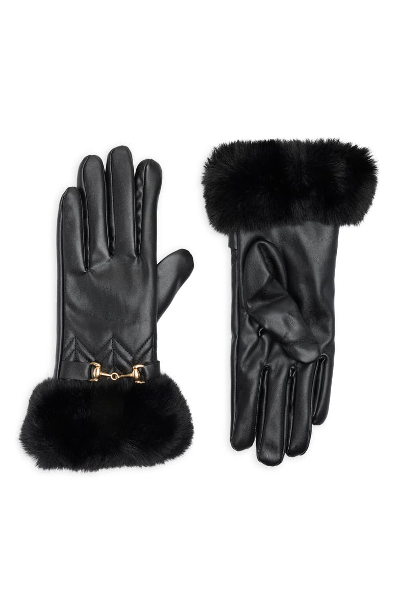 Vince Camuto Horsebit Quilted Faux Leather Gloves with Faux Fur Trim, Main, color, Black