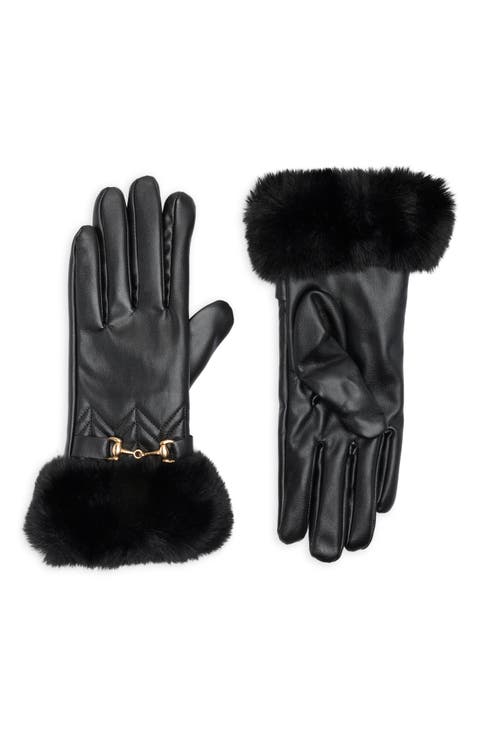 Horsebit Quilted Faux Leather Gloves with Faux Fur Trim