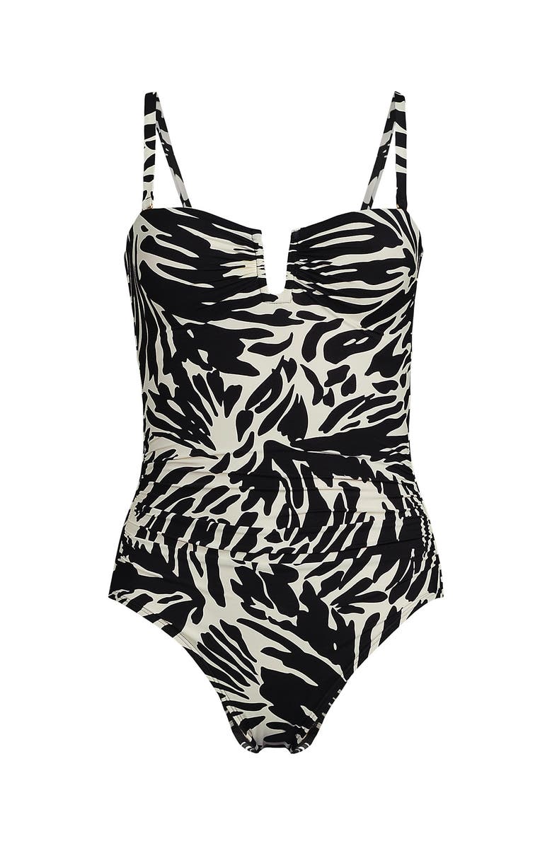 Lands' End Slender Suit Tummy Control U-Wire Bandeau One Piece Swimsuit, Alternate, color, Black/Egret White Leaf Scroll