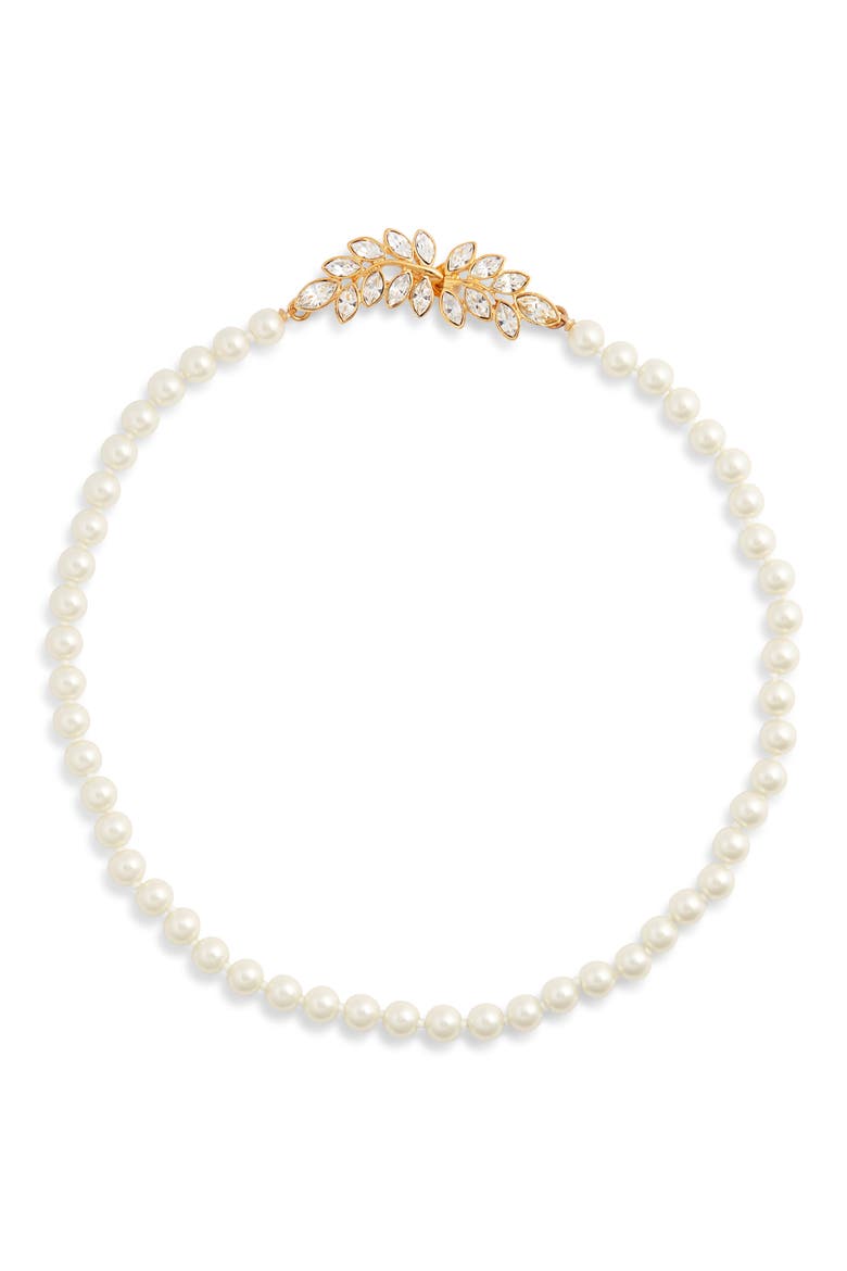 Crystal Leaf Faux Pearl Necklace, Main, color, GOLD