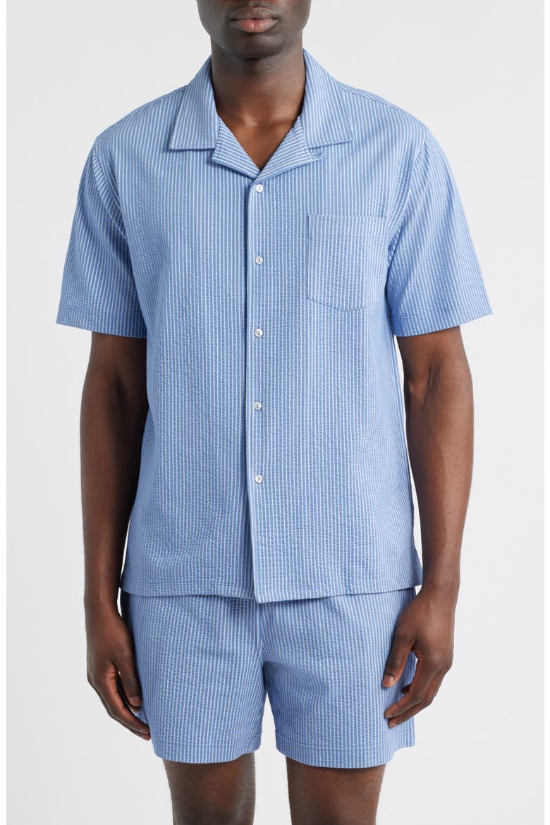 Pinstripe Seersucker Pajama Camp Shirt, Main, color, BLUE STRIPE