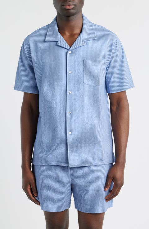 Pinstripe Seersucker Pajama Camp Shirt