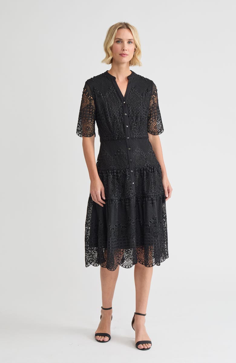 Misook A-Line Tiered Laced Woven Midi Dress, Main, color, Black
