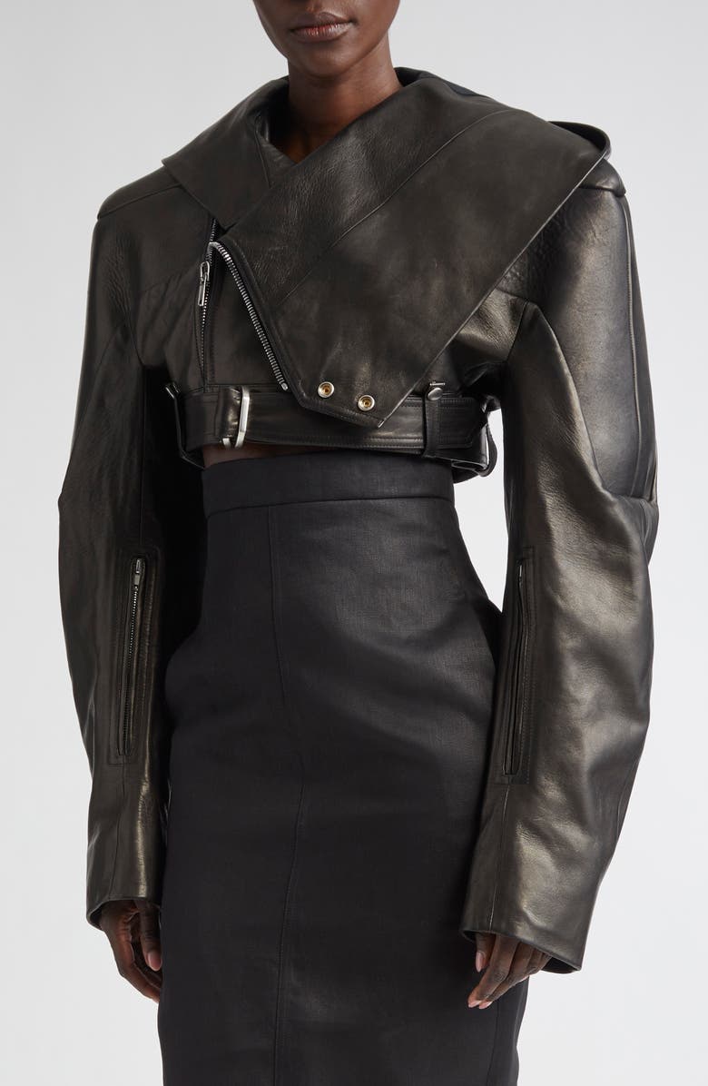 Rick Owens Hooded Leather Micro Moto Jacket, Main, color, 