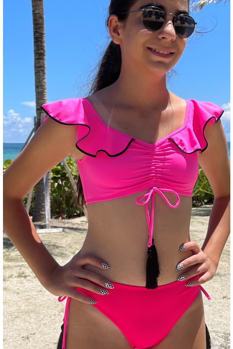 Kids' Off-Shoulder Bikini with Gathered Front & Tassel Ties, Alternate, color, Pink-Red