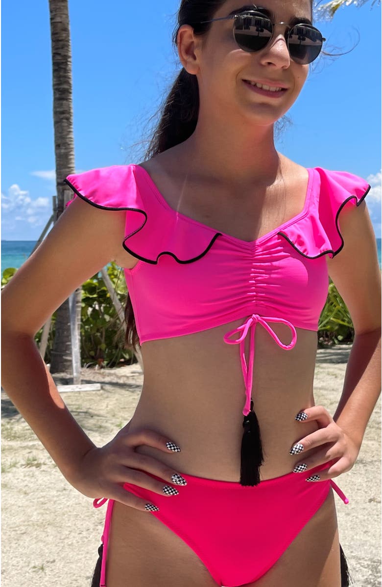 NESSI BYRD Kids' Off-Shoulder Bikini with Gathered Front & Tassel Ties, Alternate, color, Pink-Red